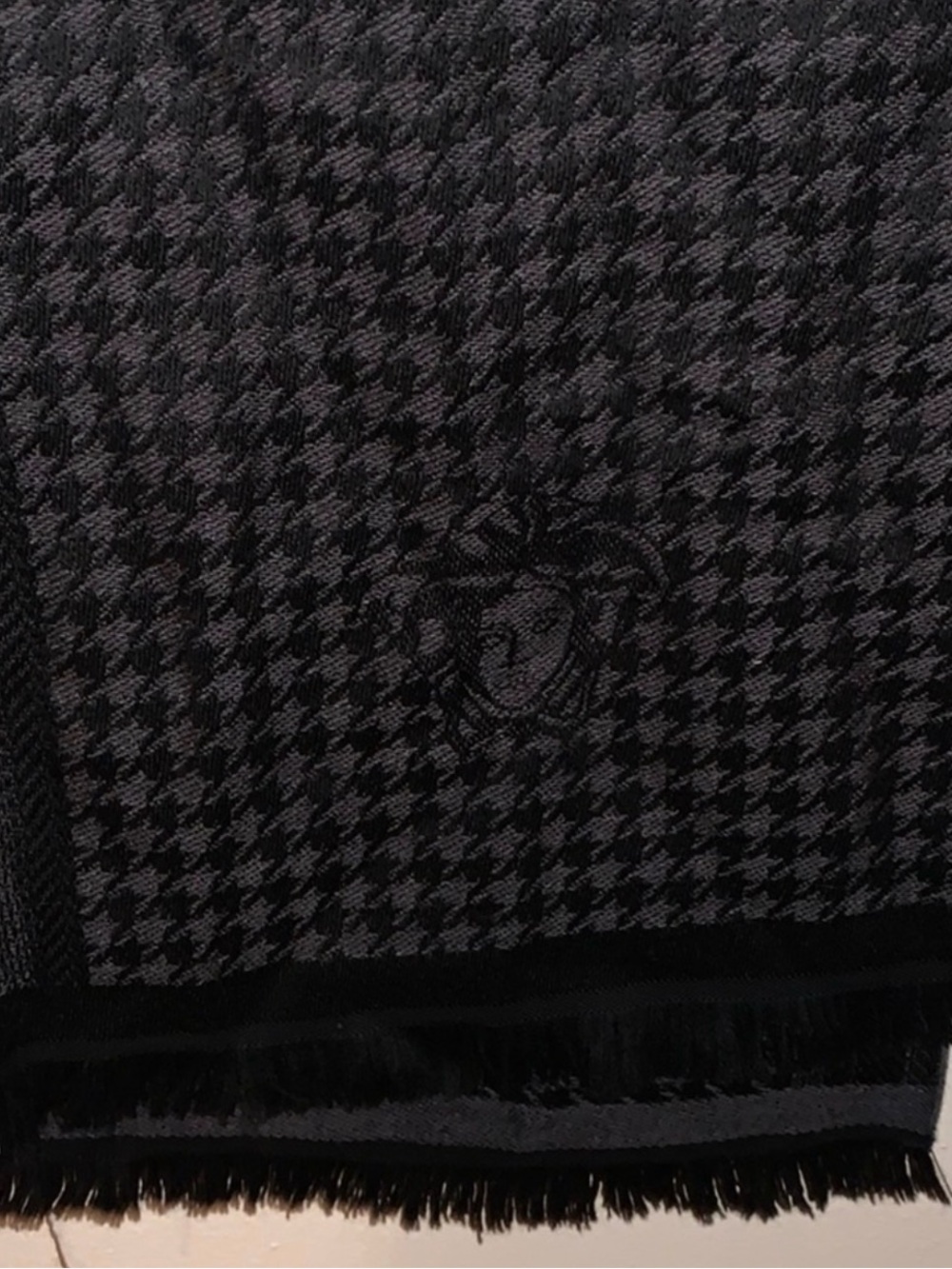 Versace black houndstooth fringe Medusa branding scarf